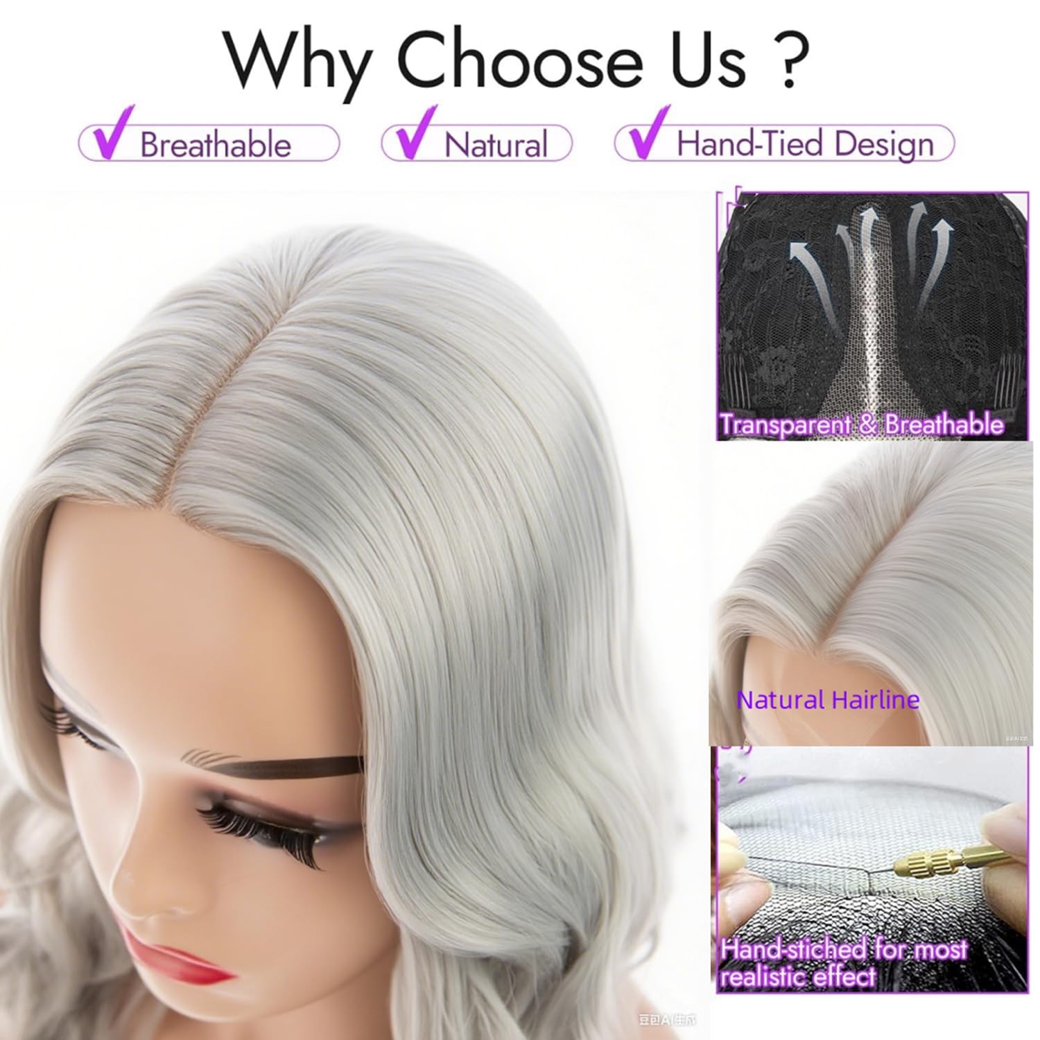 Long Curly Wavy Gray Lace Wig for Women Middle Part Small Lace Front Wig Synt…