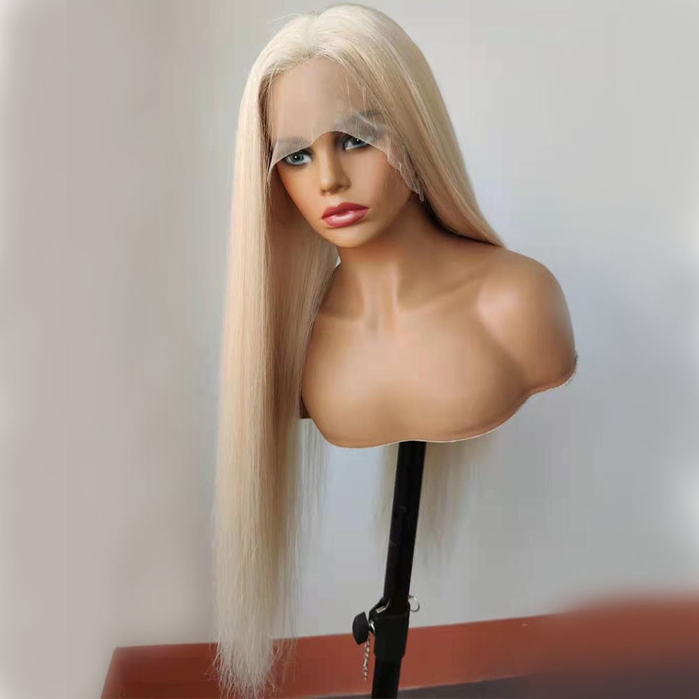Frontal Lace Wigs Long Straight Synthetic Hair Heat Resistant Bleach blonde