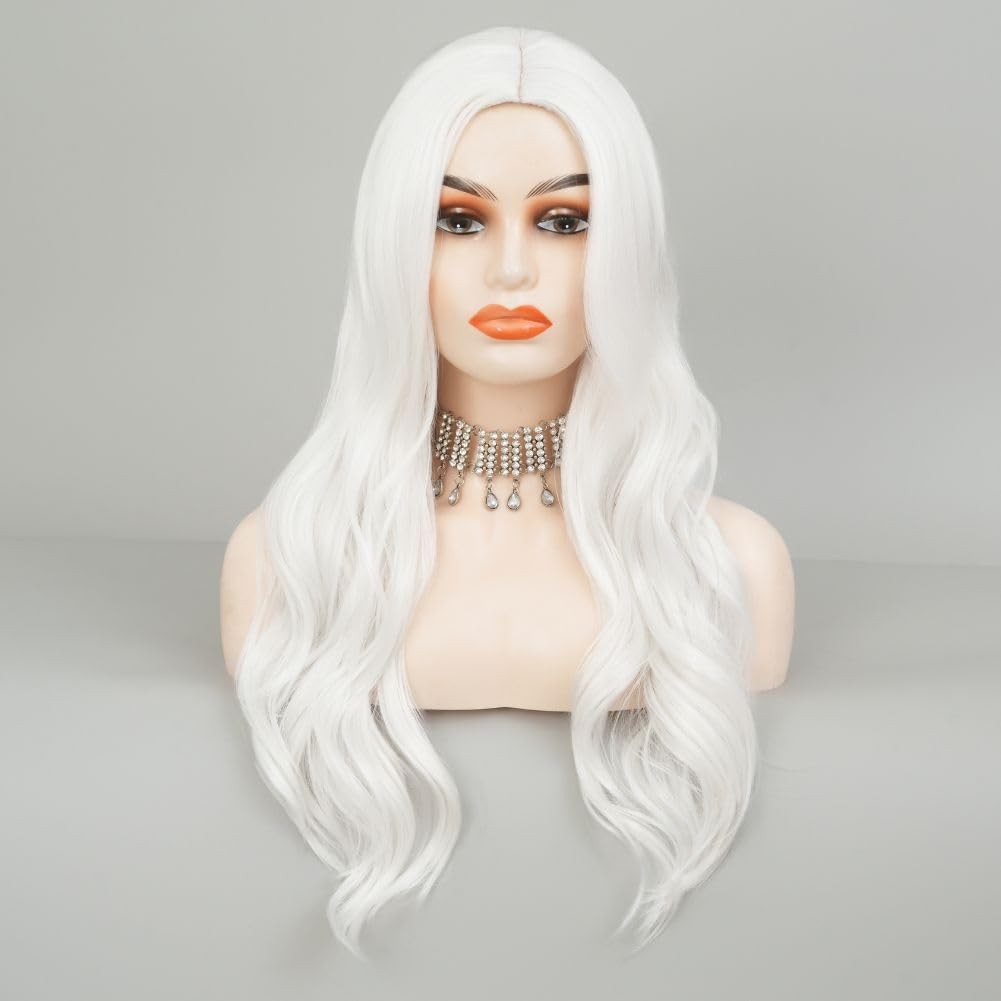 White Cosplay Wigs for Women Long Curly Wavy Middle Part Wig Heat Resistant F…