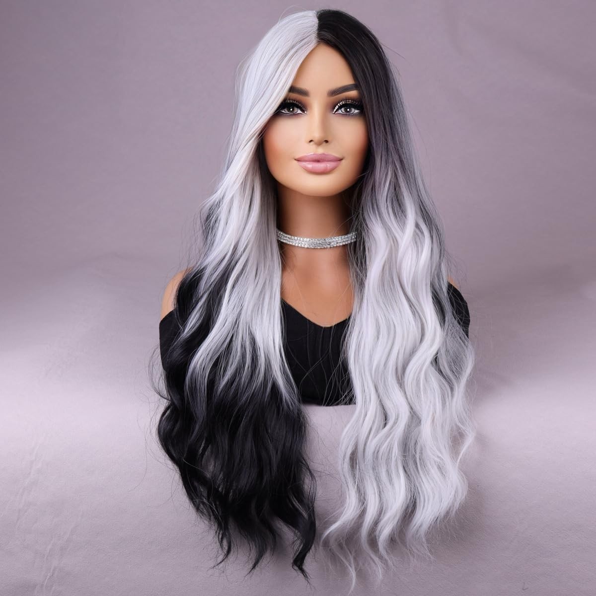 Black White Wig Long Wavy Split Wigs for Women Long Curly Black White Wig for…