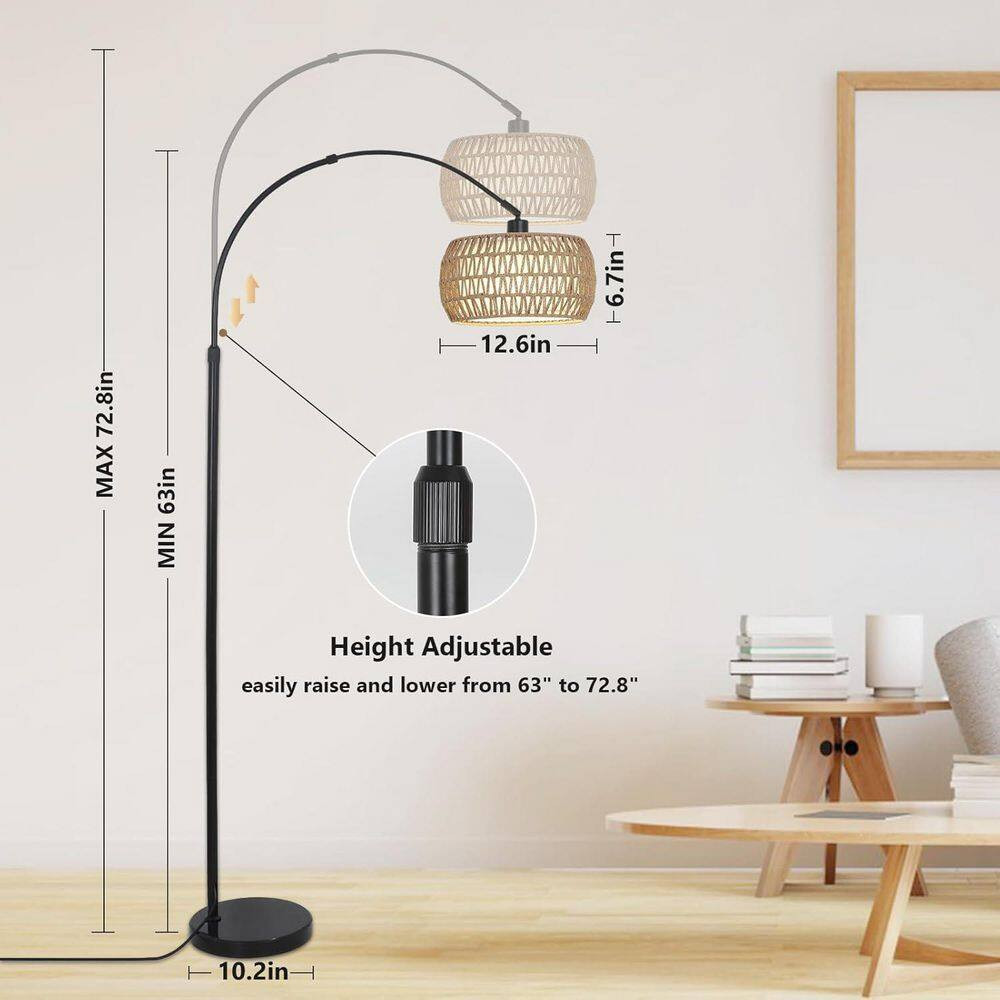 72 In. Brown & Black 1-Light Smart Arc Floor Lamp with Rattan & Fabric Double Dr