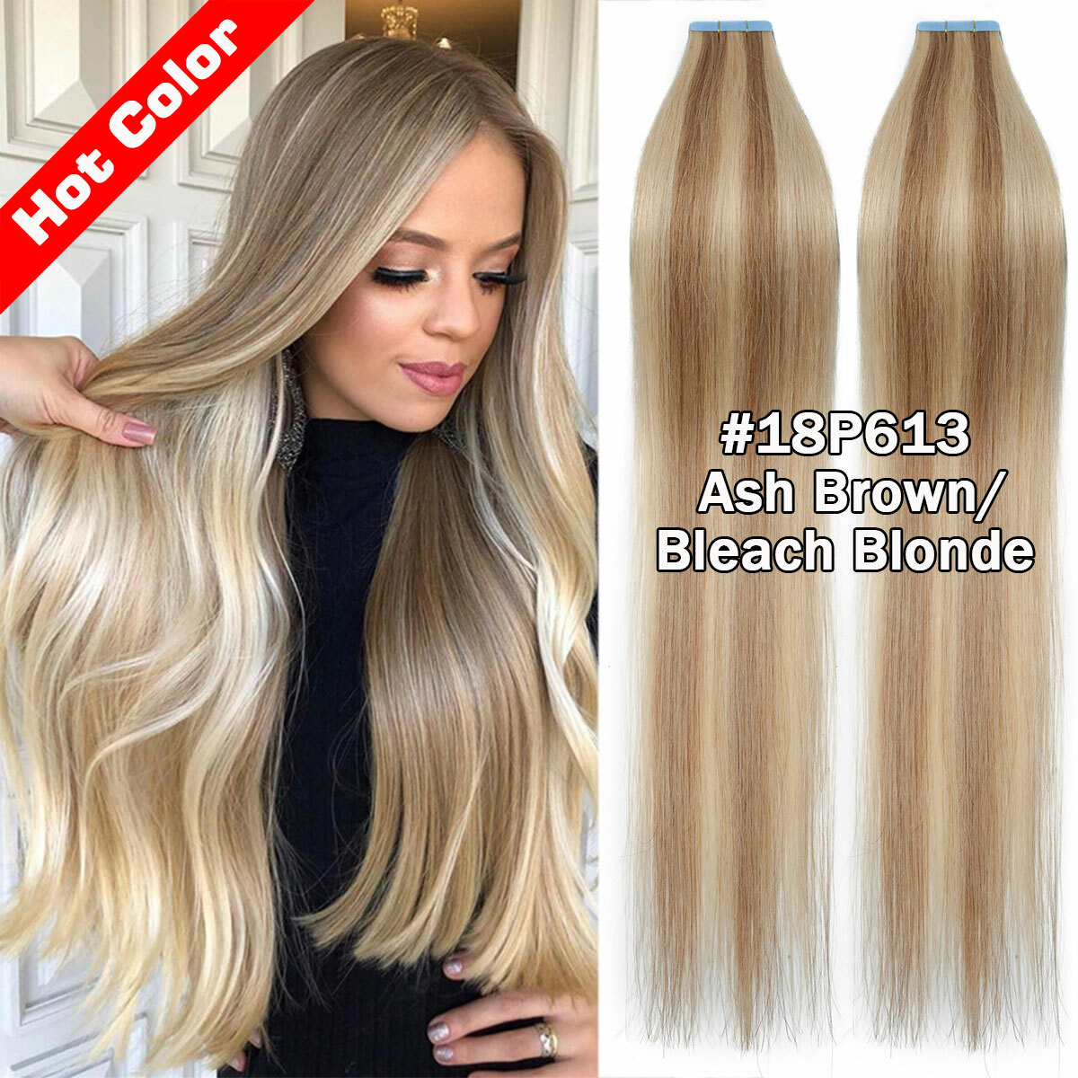 10-40PCS Tape In Real Remy Human Hair Extensions Skin Weft FULL HEAD Blond Ombre