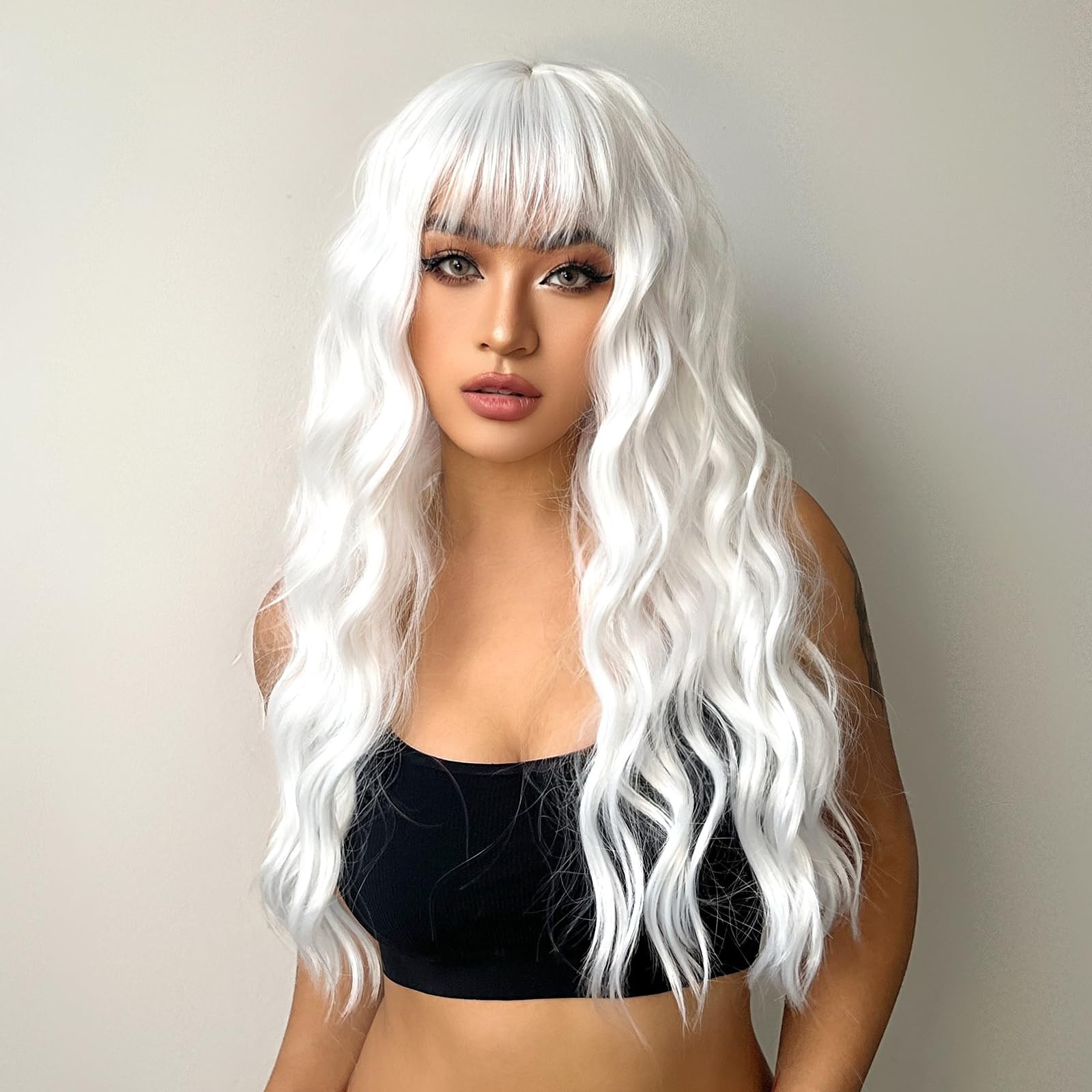 White Wig with Bangs Synthetic Long Wavy Curly Wig for Women for Halloween Co…