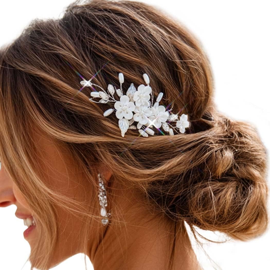 Silver Pearl Flower Bride Wedding Hair Vine Bridal Hair Piece For Women