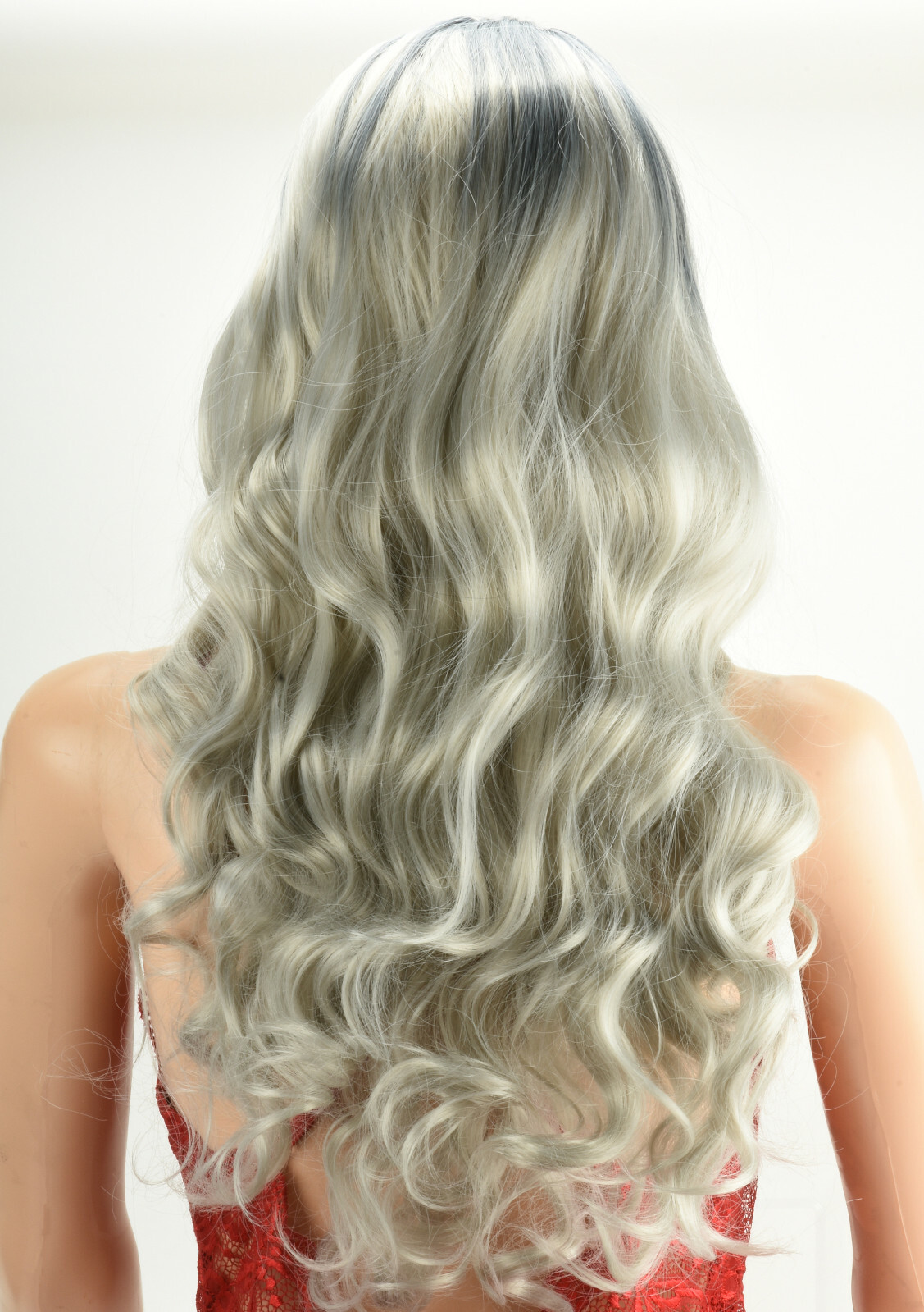 Ash Gray Silver White Ombre Lace Long Wavy Curly Blonde Wig Women Synthetic Hair