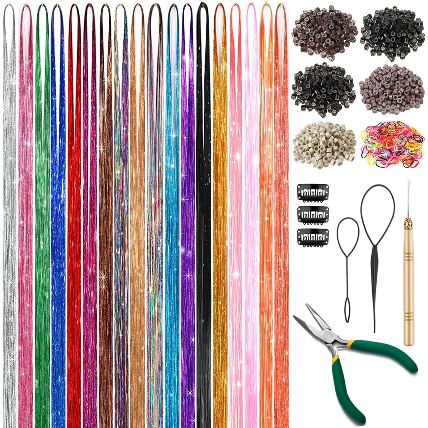 Hair Tinsel Kit 48 Inch, 18 Colors, 9000 Strands, Glitter Tinsel Hair Extensi…