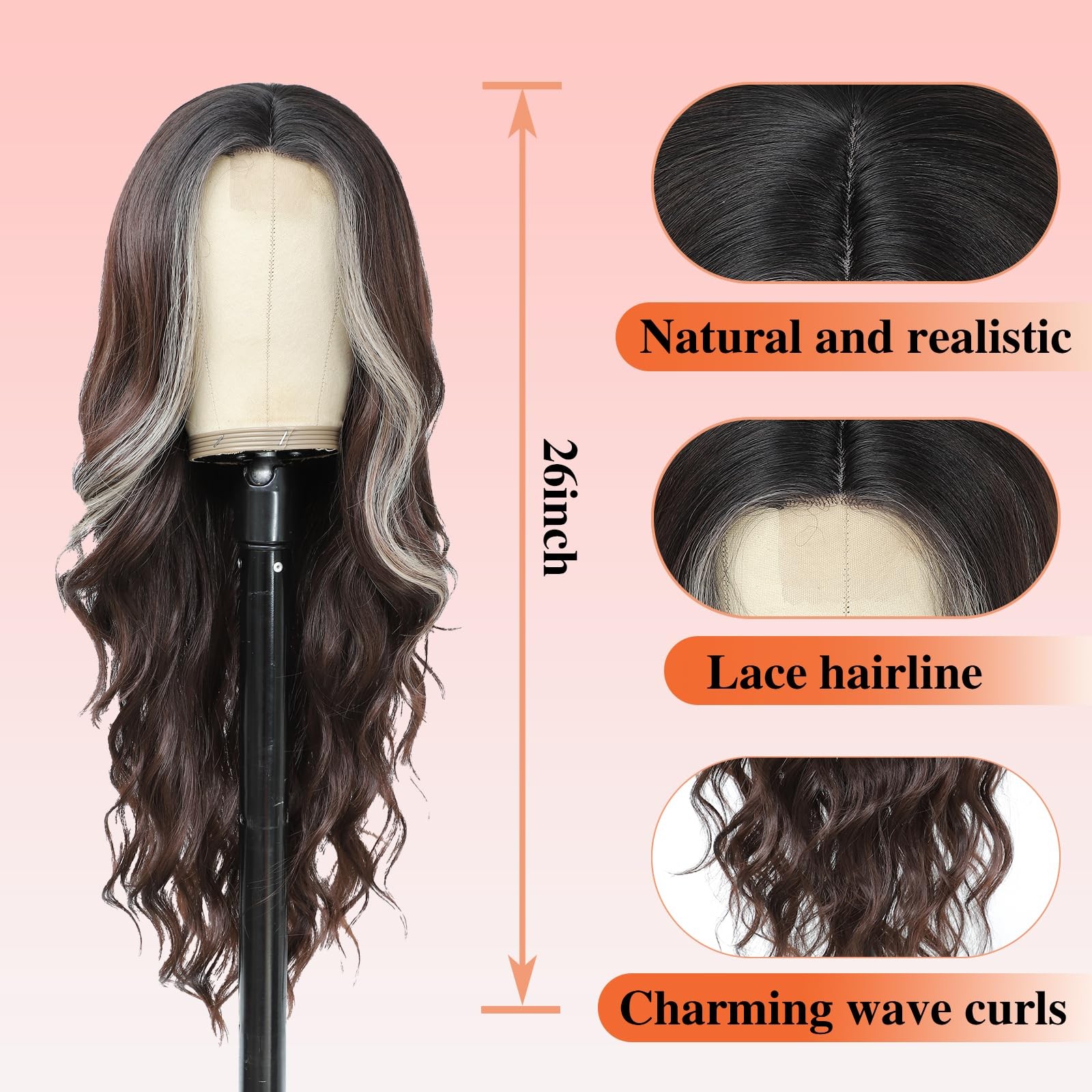 Long Wavy Wig for Women 26 Inch Middle Part Curly Wigs with Lace Hairline Syn…