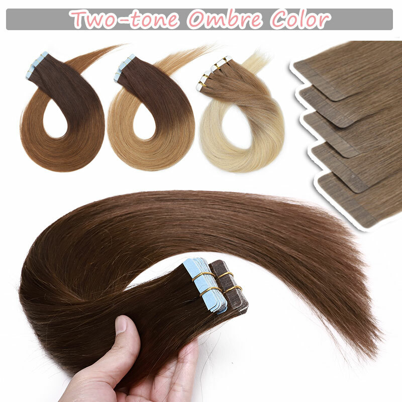 Thick 20-60pcs Tape In Remy Human Hair Extensions Skin Weft FULL HEAD BALAYAGE w