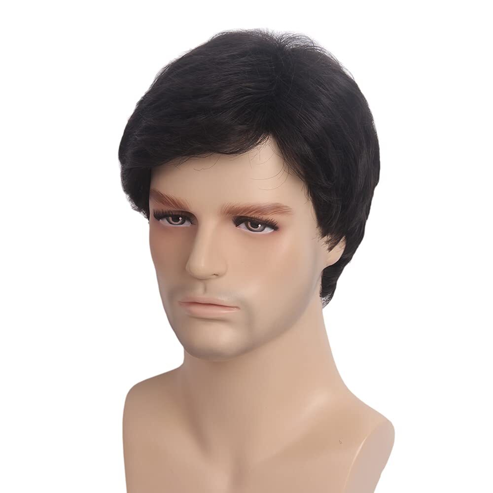 Men’s Short Straight Black Wig Little Wavy Heat Resistant Synthetic Hair Daily