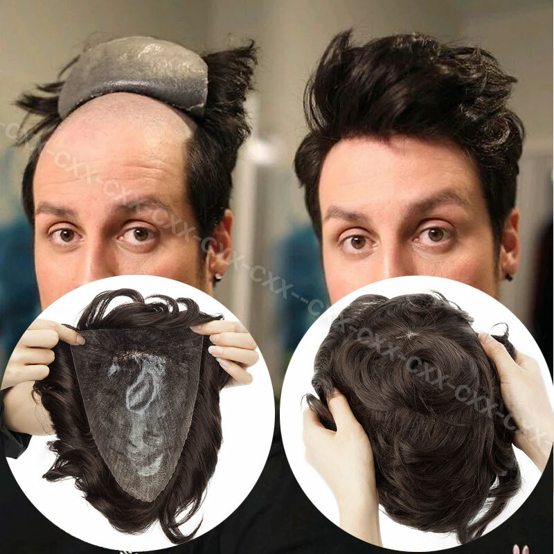 Mens Toupee Hairpiece PU Thin Skin 100% Human Hair System Replacement Wig Silver
