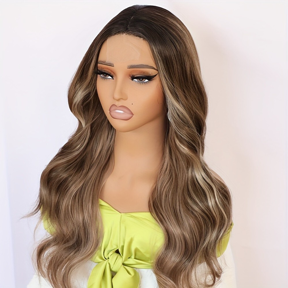 Brown Blonde Ombre Hair Heat Resistant Synthetic No Lace Wigs Full Bangs Women