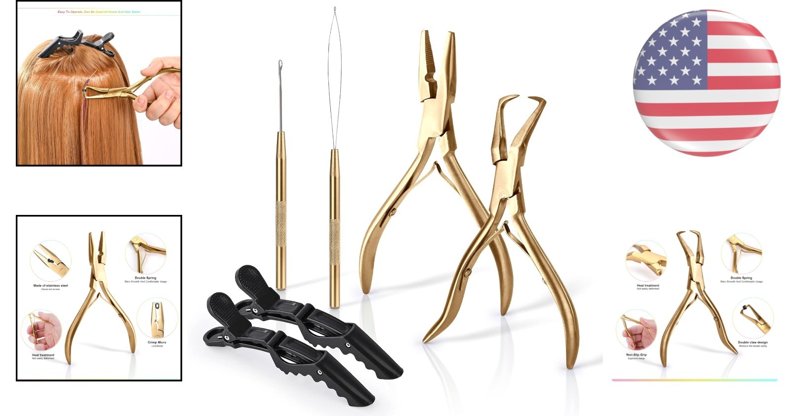 Essential Gold Tool Kit for Hair Extensions: Beading Pliers & Clips Included