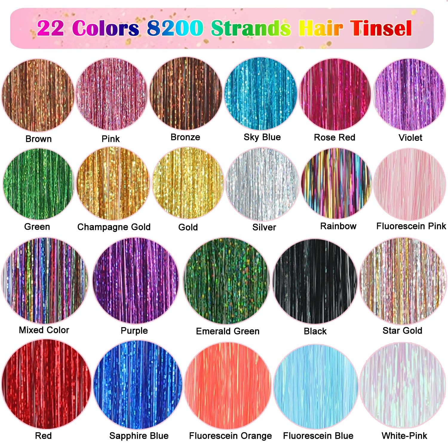 Hair Tinsel Kit, 22 Colors 8200 Strands Glitter 22