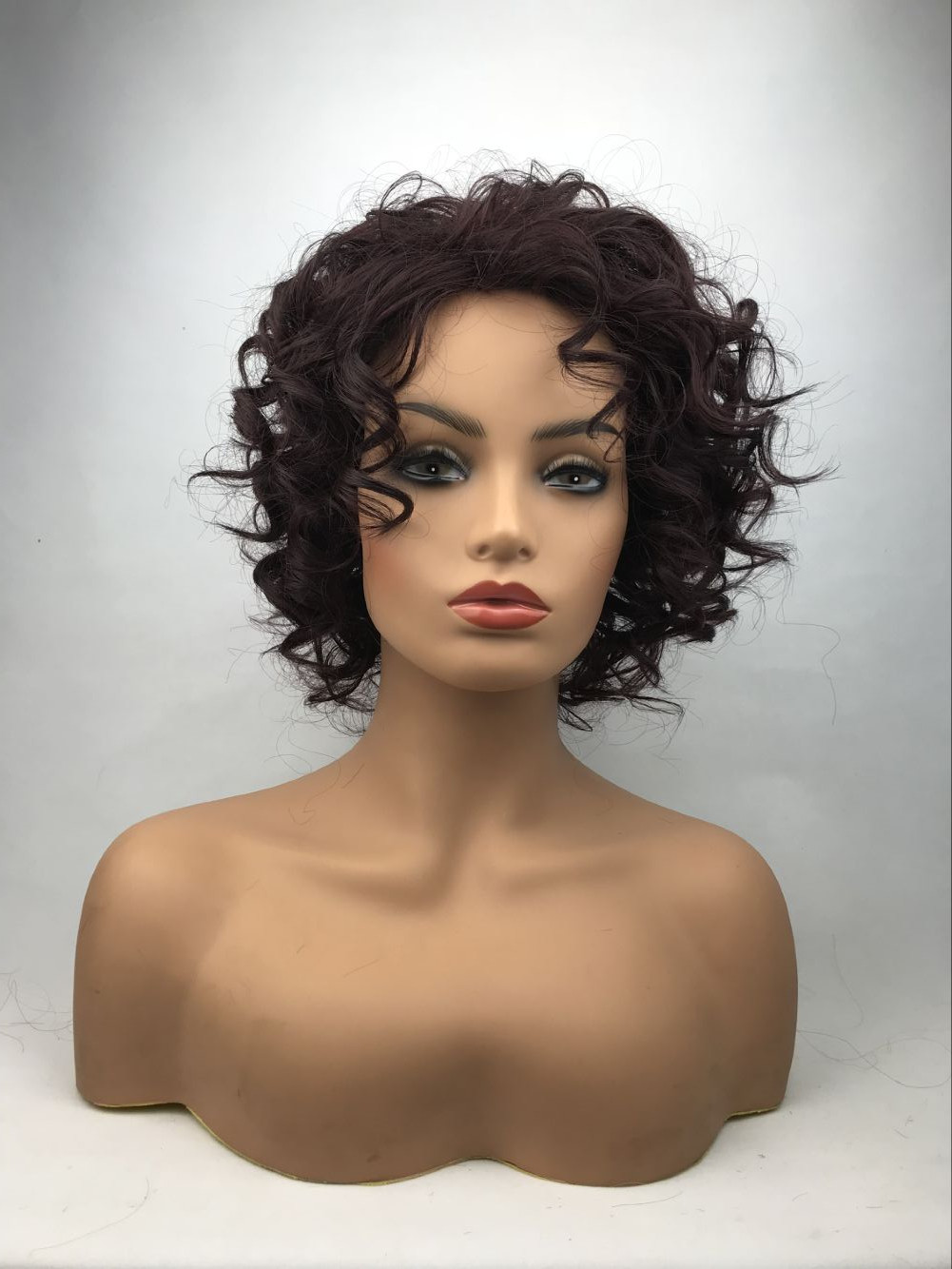 Real Human Hair Fashion for Women Hair Style Short Dark Brown Curly Wig 12In