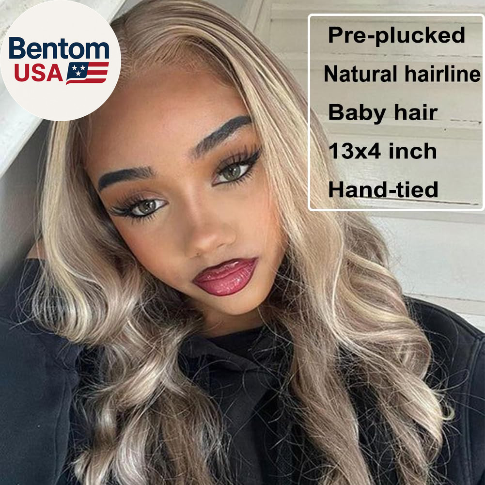 Highlight Ash Blonde Lace Front Wig Pre Plucked Glueless Long Wavy Brown Light B