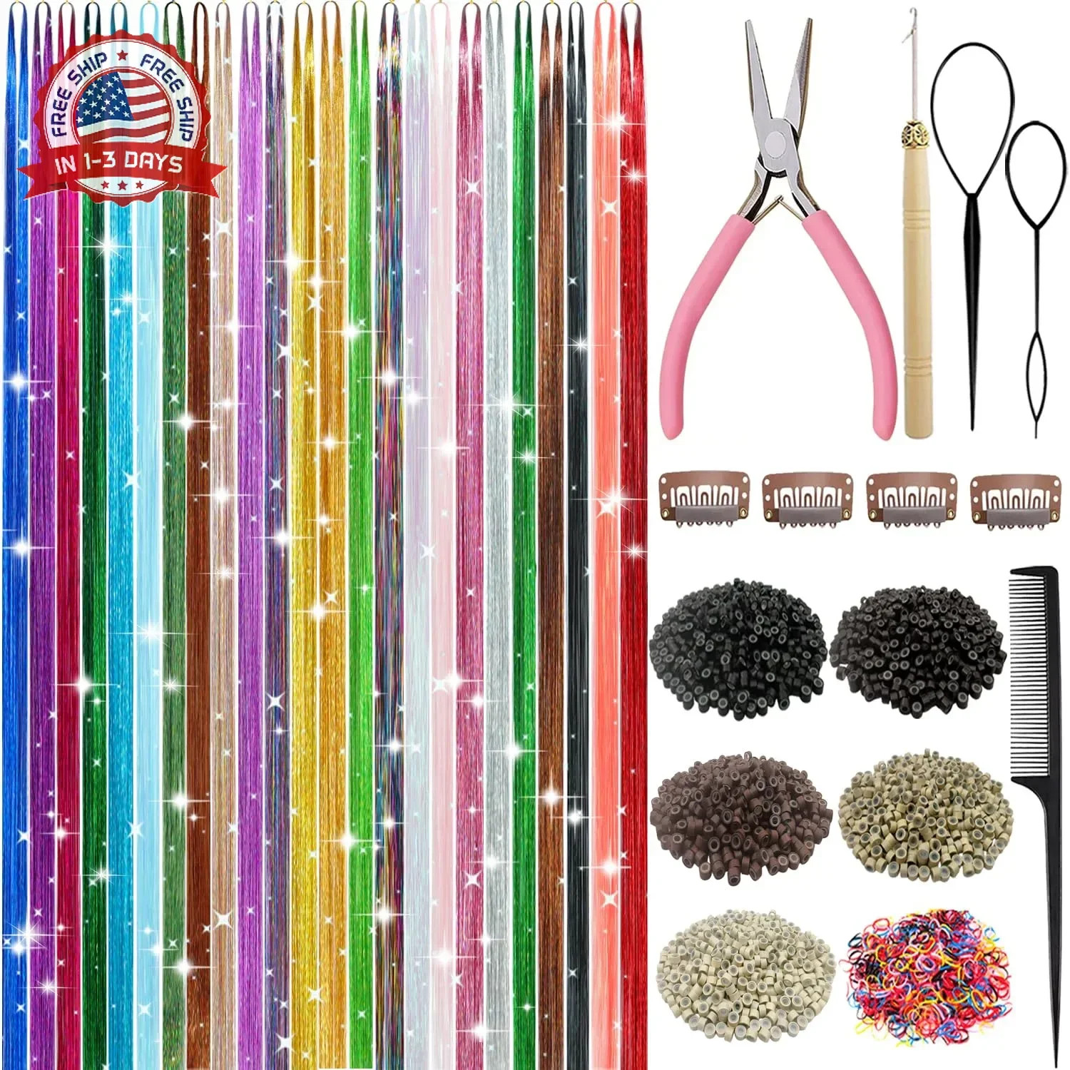 Hair Tinsel, 24 Colors 9800 Strands Hair Tinsel Kit with Tools, Heat Resistant T