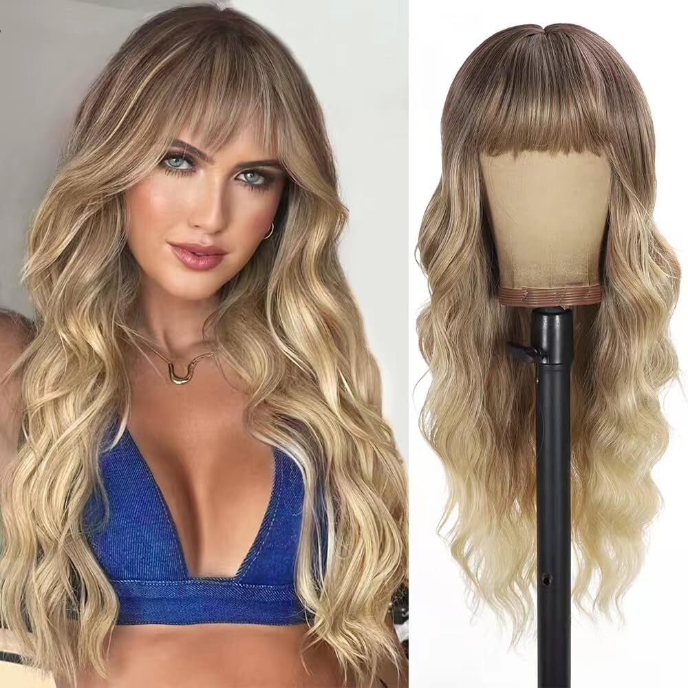 Blonde Wig with Bangs Long curly wavy Wig for Women Ombre wig Use 26IN