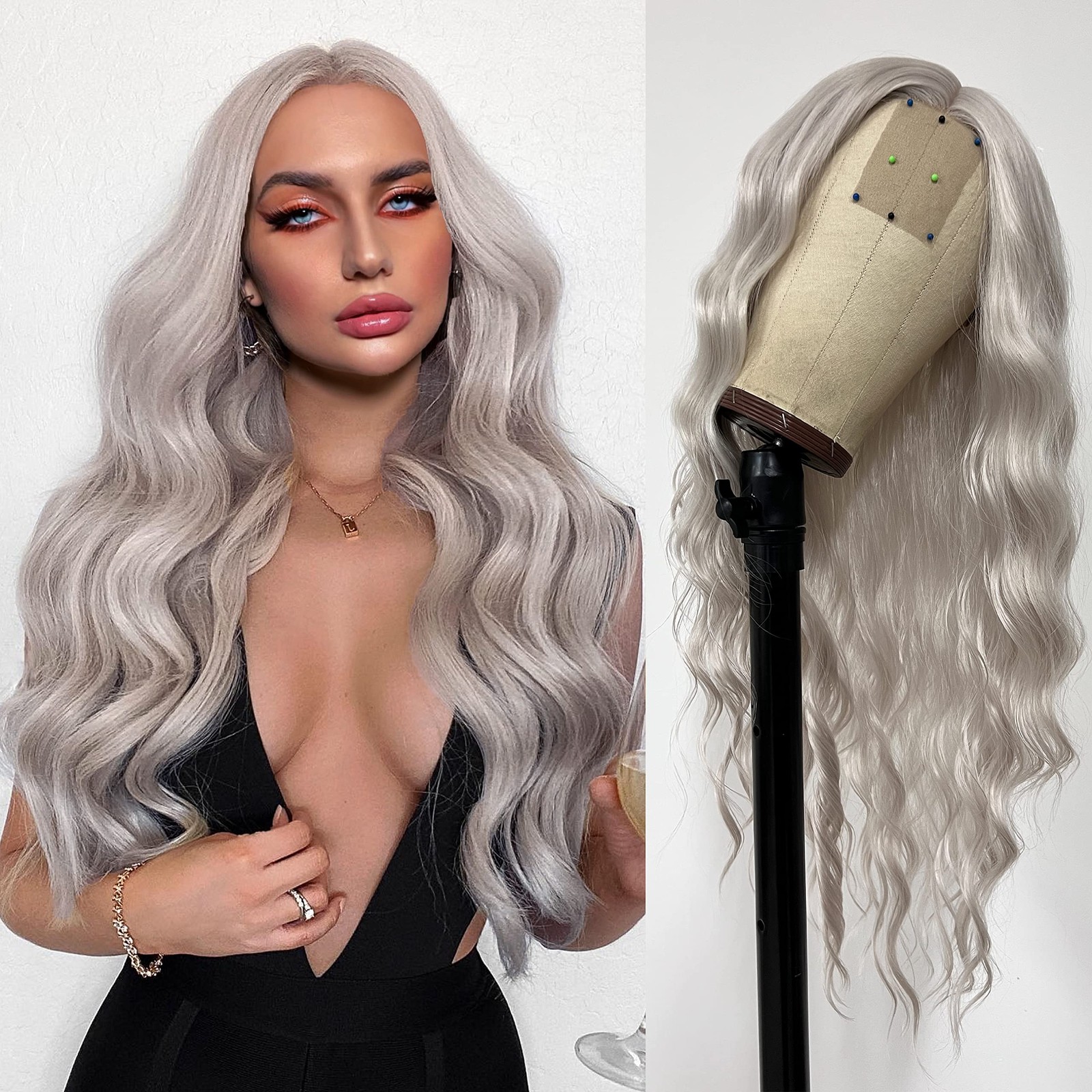 Grey Long Wavy HD Lace Front Wig Glueless Platinum Blonde Body Wave Wig 200 D…