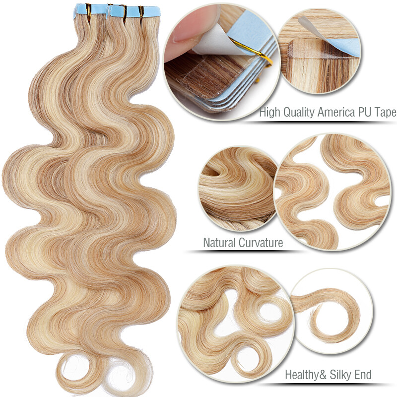 Body Wave Thick Tape In Skin Weft 100% Remy Human Hair Extensions Full Head 150g