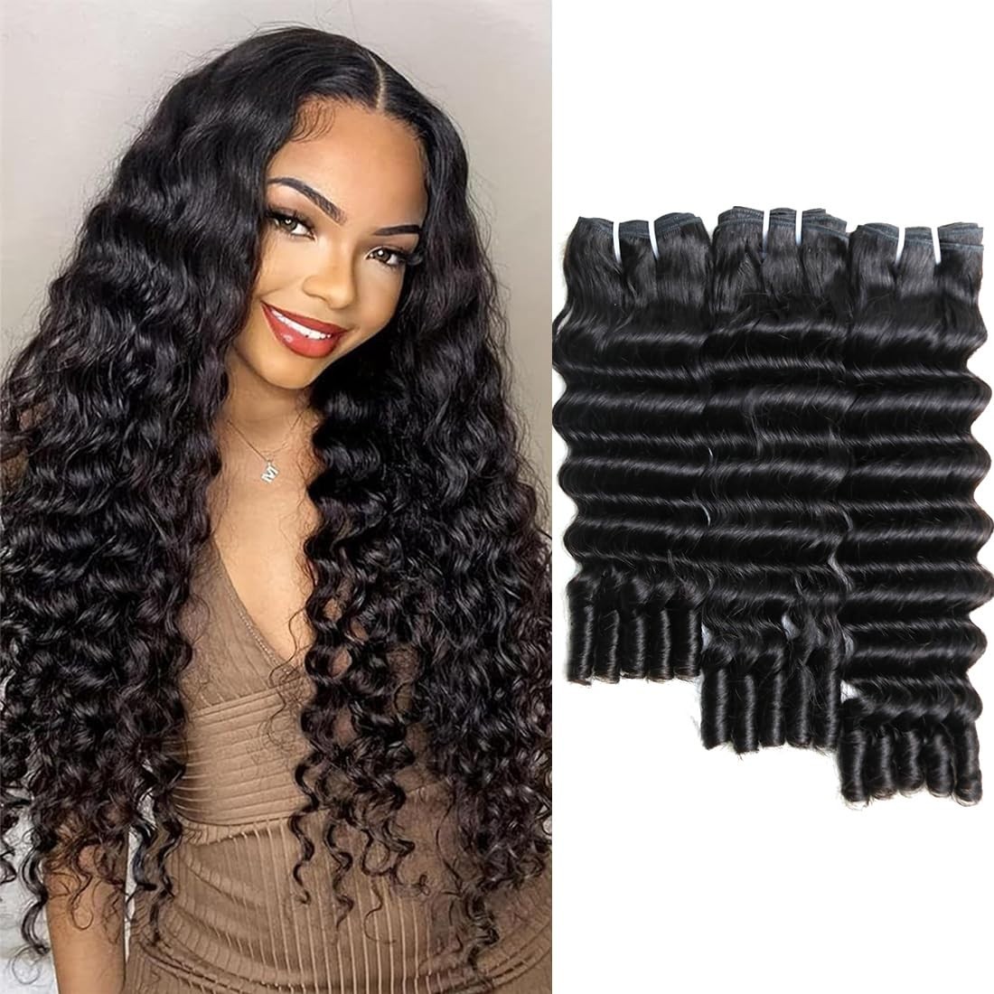 Deep Wave Human Hair Bundles – Burmese Curly Quick Weave Extensions, 16-20″ Natu