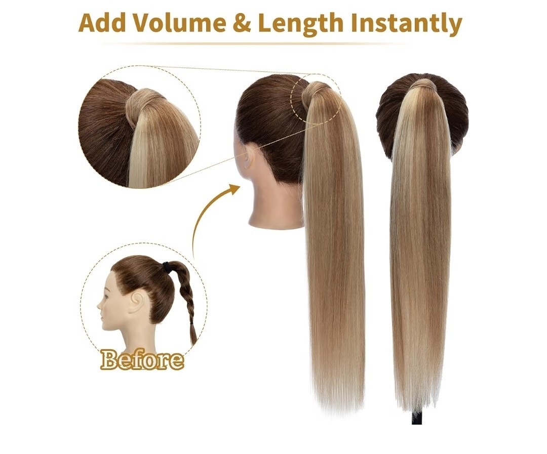 Sego Ponytail Extension Human Hair Clip/ 14 In. 80g. Golden Brown & Bleach Blond