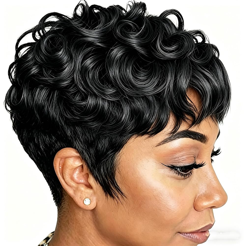Natural Black Short Pixie Wig with Bangs for Black Women