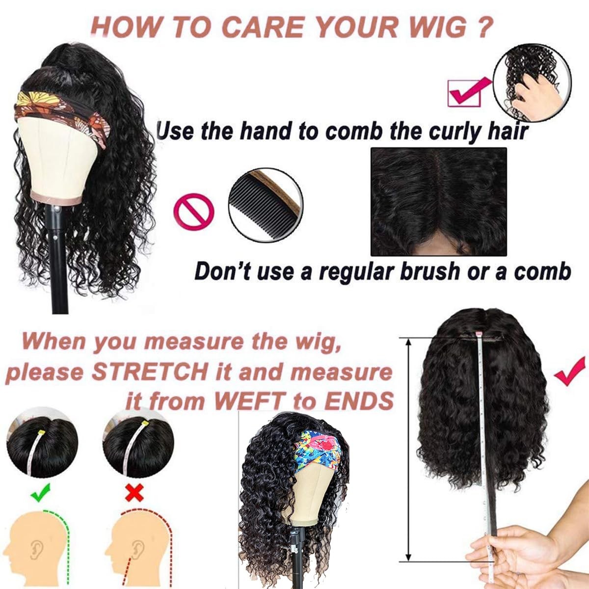 Water Wave Headband Human Hair 150% Density Afro Wigs for Black Natural Curls…