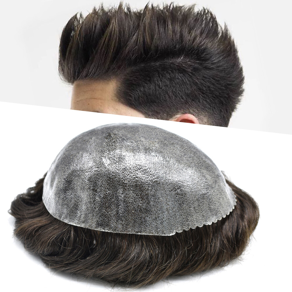 Mens Toupee Full Poly Thin Skin Hair Replacement System Human Hair Piece US