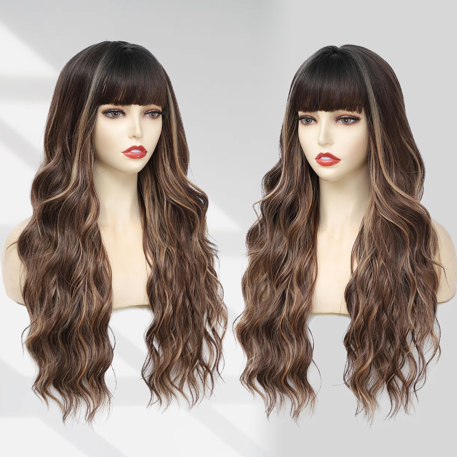 Long Highlight Brown Wig for Women 26″ Dark Brown Wig with Bangs Wavy Hair Mo…