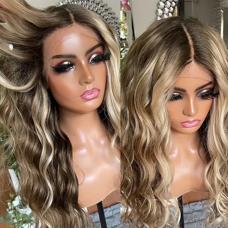 26Inch Ash Blonde Platinum Highlights 13×4 Lace Front Wig 100% Human Hair Wig