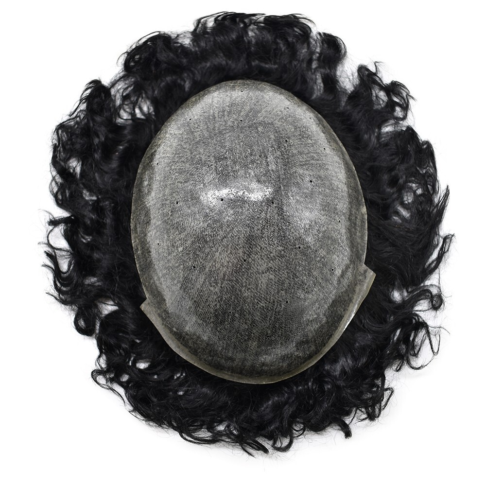 20MM Curly Hair Mens Toupee Full Poly Skin Human Hair System Breathable Holes US