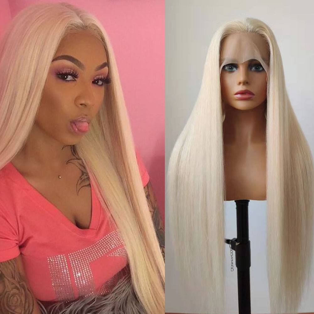 Frontal Lace Wigs Long Straight Synthetic Hair Heat Resistant Bleach blonde