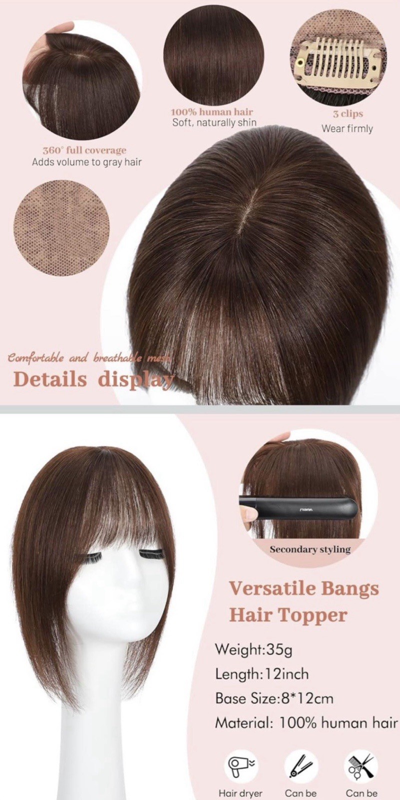 Real Human Hair Clip-In Topper Hairpiece Wiglet w/ Bangs Medium Brown 12in