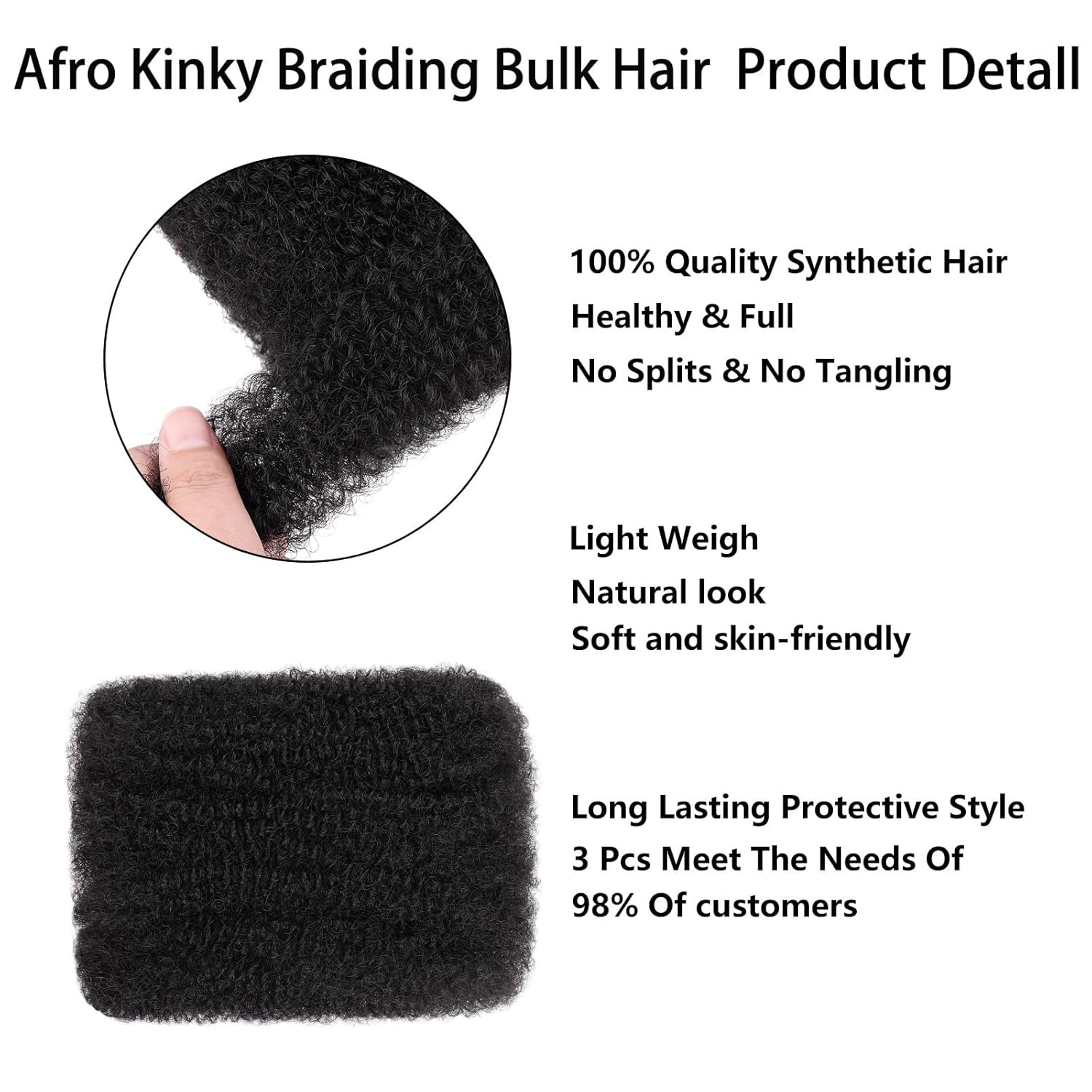 16 Inch 3 Bundles 90g Natural Black Afro Kinky Curly Braiding Bulk Hair For Mini