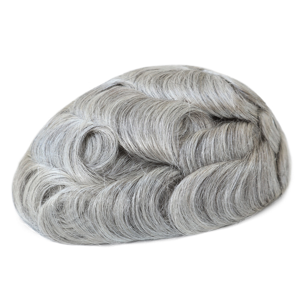 Mens Human Hair Replacement System Injection Skin Toupee Grey Hair Piece#1B80