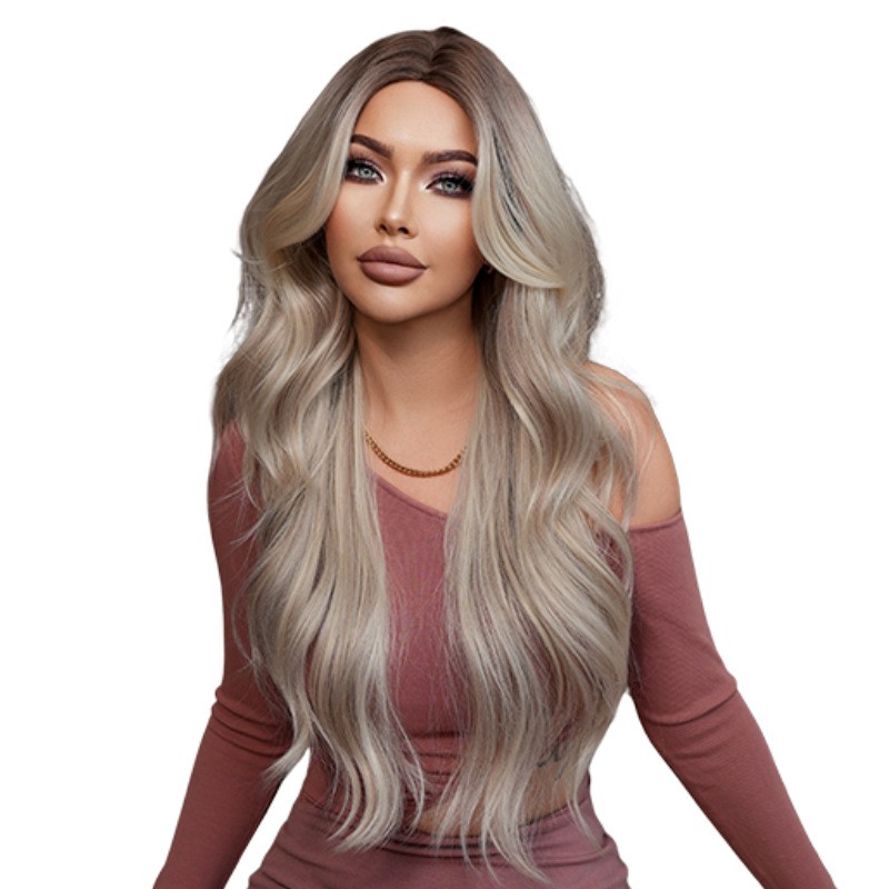 Long Wavy Ombre Beige Ash Blonde Middle Part Wig with Curtain Bangs for Women