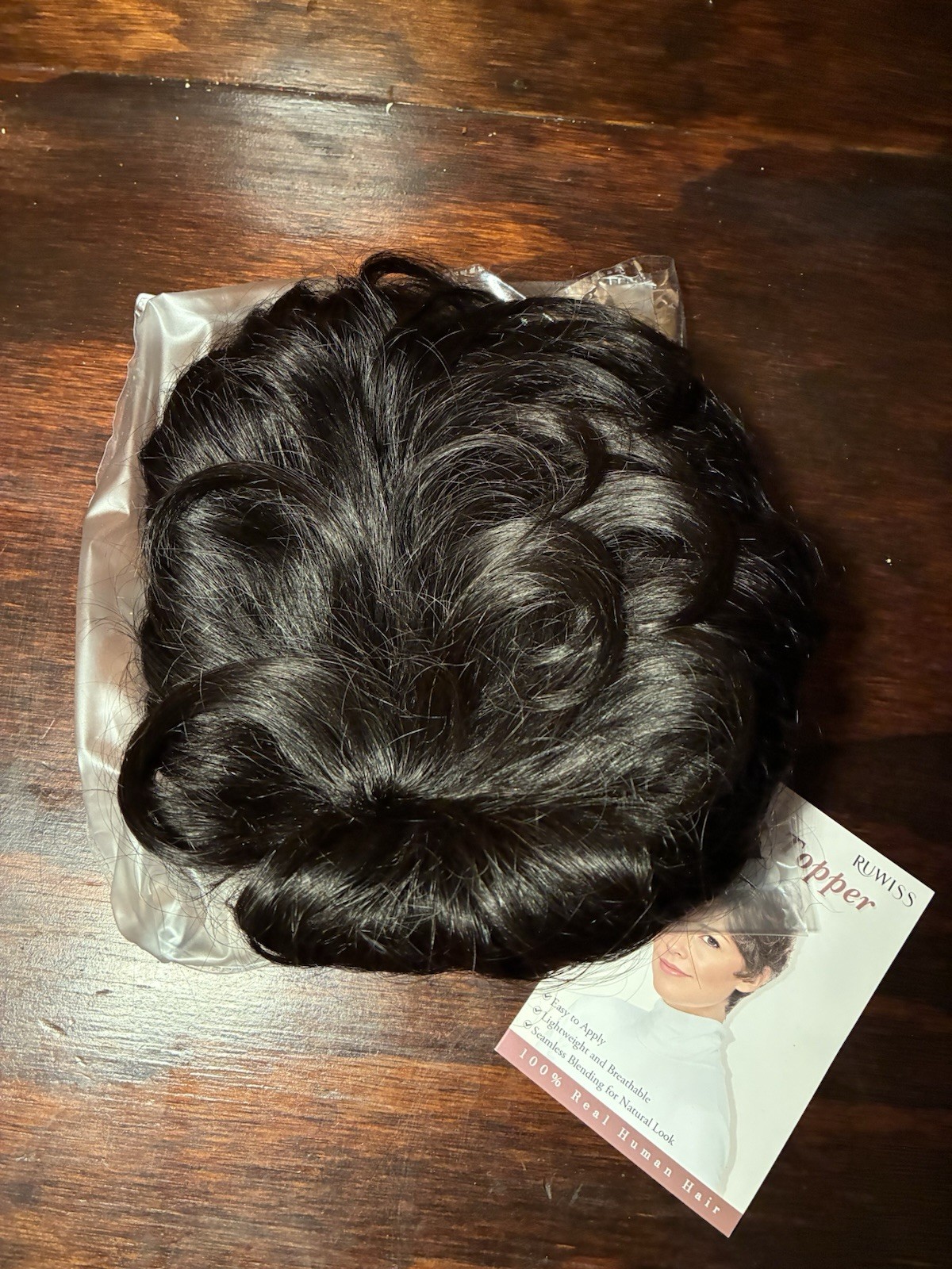 Short Curly Human Hair Topper Wiglet Pixie Cut, Clip In, Natural Black, 5×5.5”