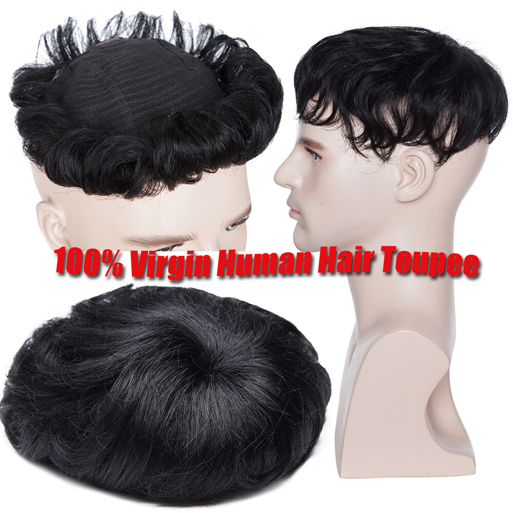 8*10inch Ultra Thin Skin Mens Toupee Human Hair Wig Full Poly PU Replacement US