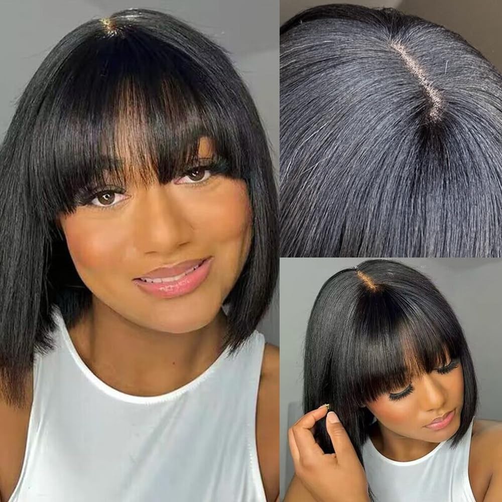 Short Bob Wig with Bangs Human Hair Glueless Lace Bob Wigs 2X1 Bob Wig Straight