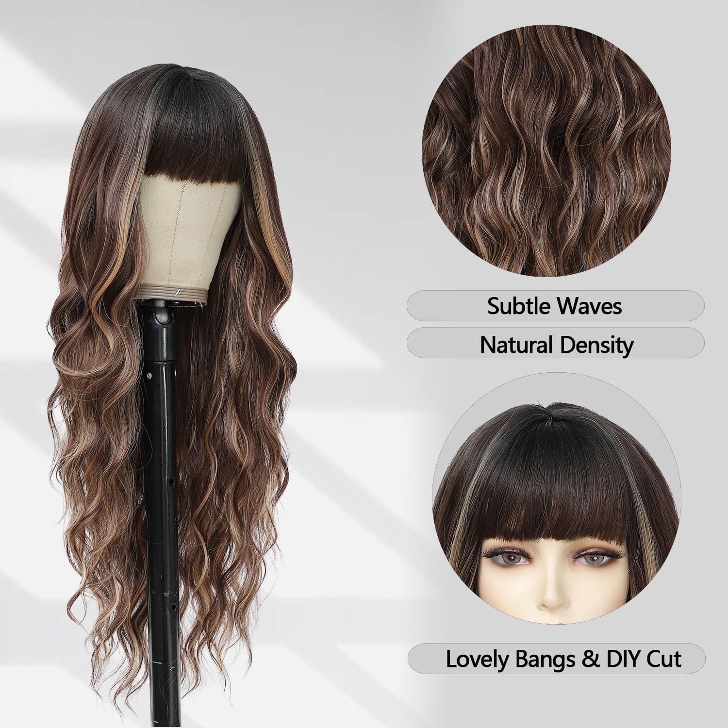 Long Highlight Brown Wig for Women 26″ Dark Brown Wig with Bangs Wavy Hair Mo…