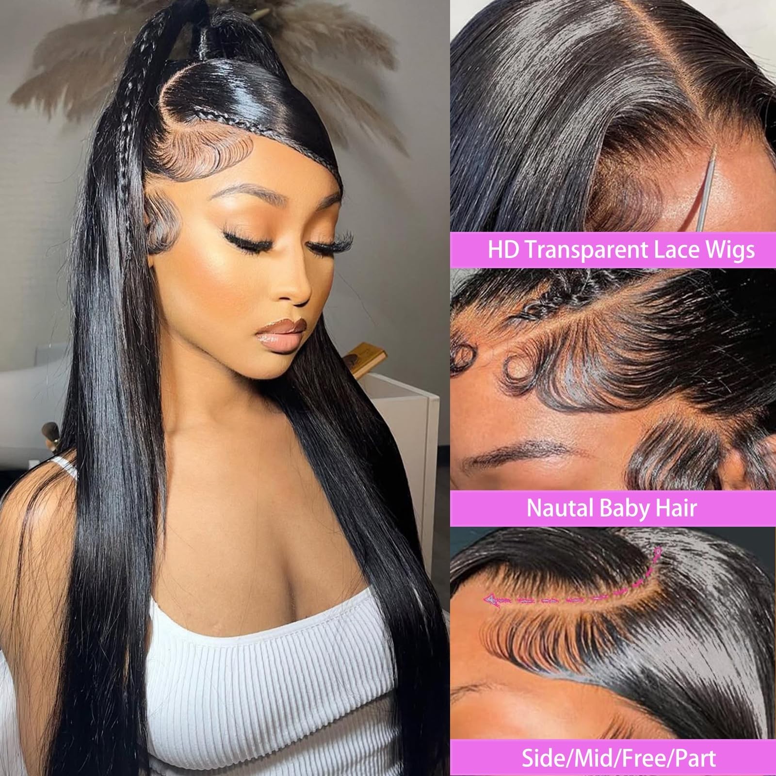 32″ 13×6 Lace Front Wig, 100% Human Hair, Pre-Plucked, Straight, HD Lace, Gluele