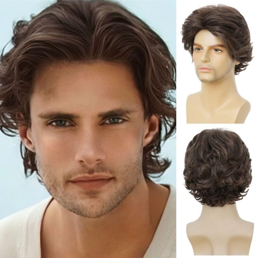 Men’s Short Brown Wig Synthetic Hair Smooth Natural Men’s Curly Wig Synthetic US