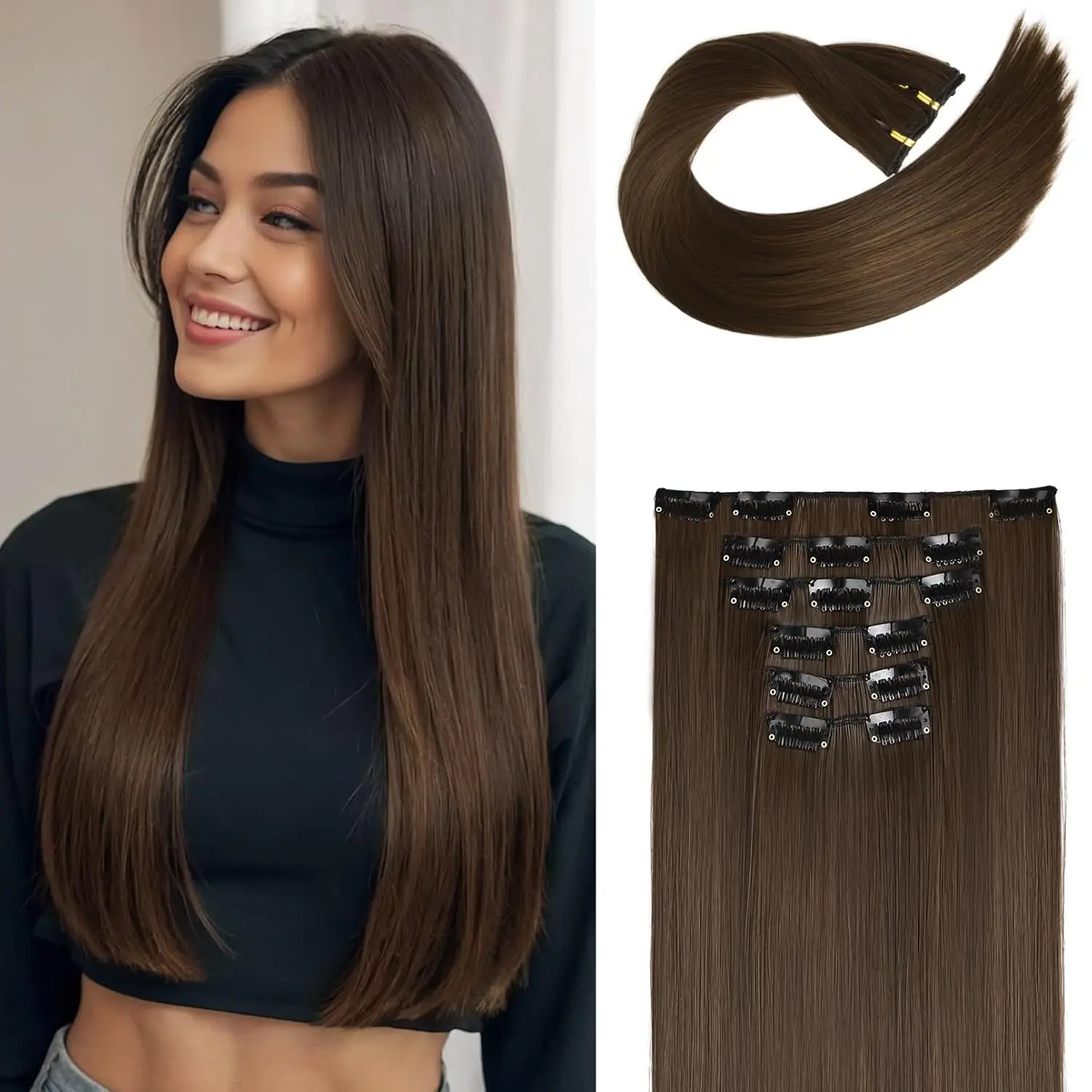 6Pieces/Set Clips in Hair Extensions 24 Inch Synthetic Long Straight Extensions