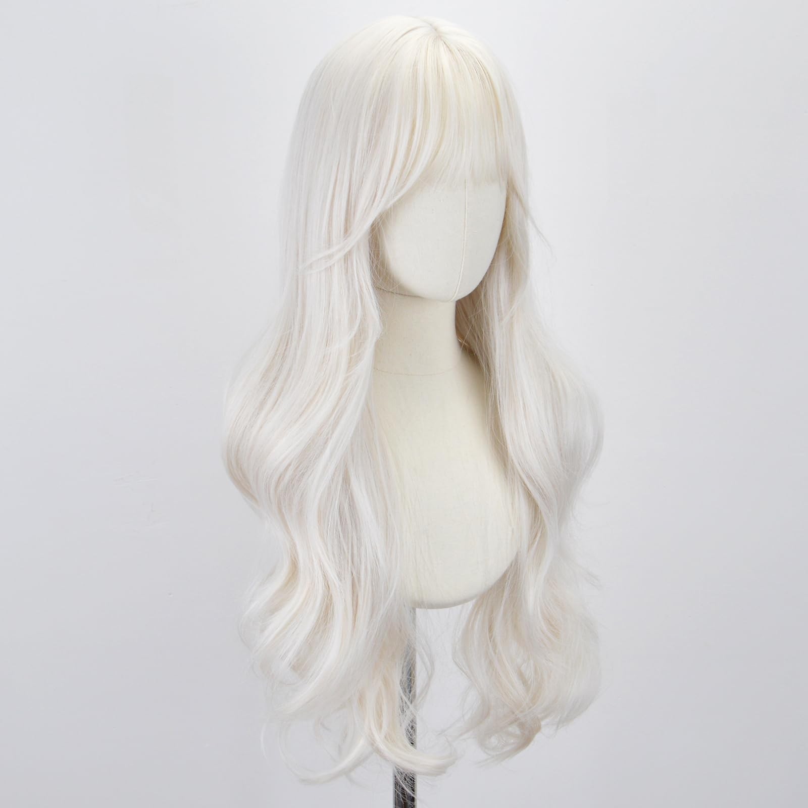 White Wig with Bangs for Women -26 Inch Long Wavy White Wigs Synthetic Heat R…