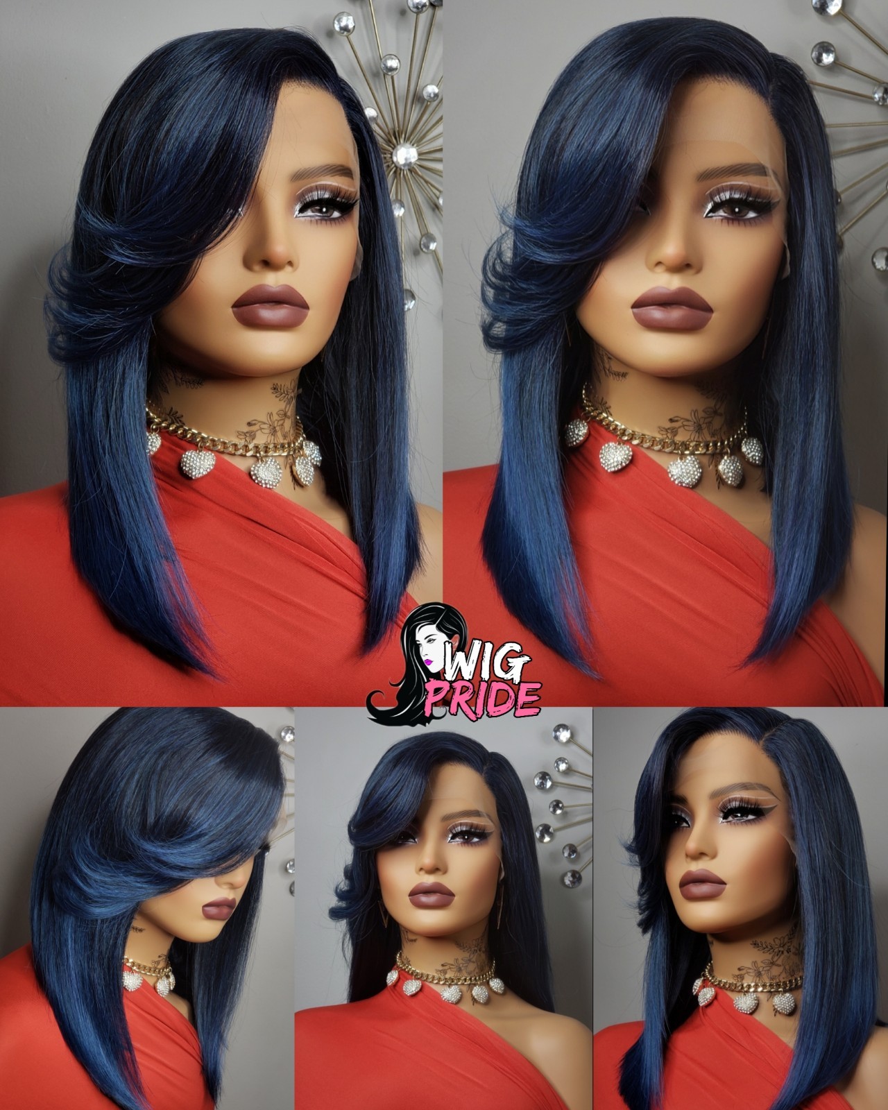 New Jade Blue Straight Bob Side Bangs Style Lace Front Wig Women Fashion Hair