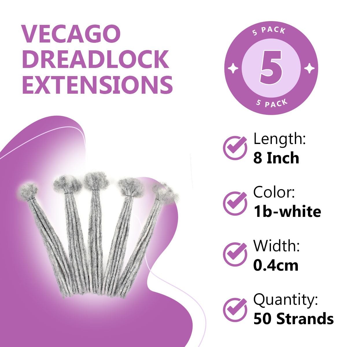 Vecago 8 Inch 50 Strands Loc Extensions Human Hair 0.4Cm Width 100 Human Hair