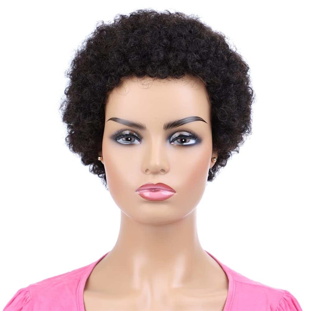 Afro Kinky Curly Human Hair Short Wigs for Women, Full Fluffy Machine Made Wig