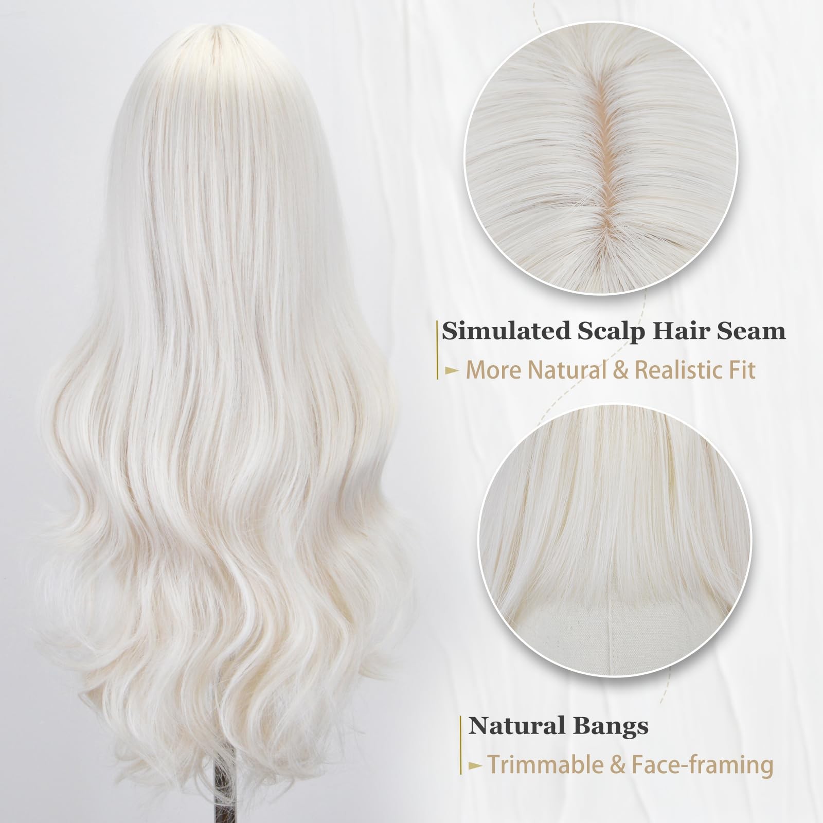 White Wig with Bangs for Women -26 Inch Long Wavy White Wigs Synthetic Heat R…