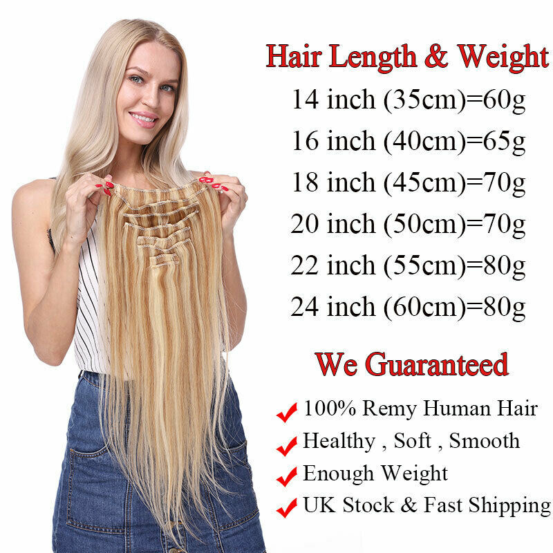 8-24Inches 100% Human Hair Extensions Clip In Real Remy Hair Extension Full Head