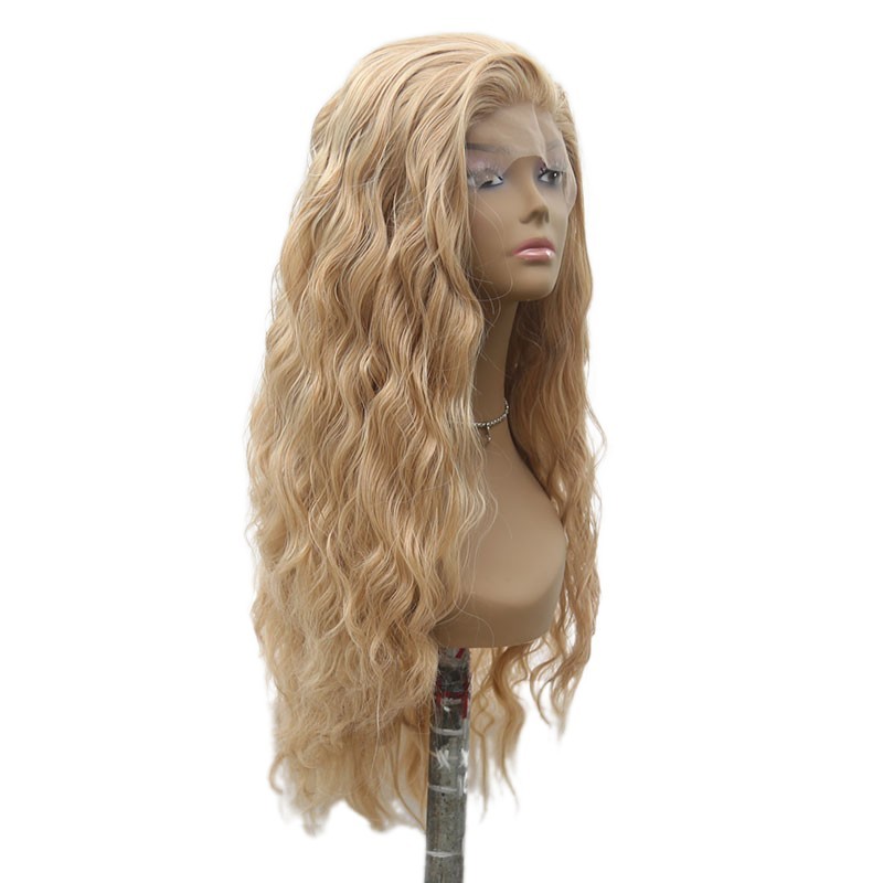 Women Long Wavy Lace Frontal Wigs Heat Resistant Hair Mixed Blonde Pre Plucked